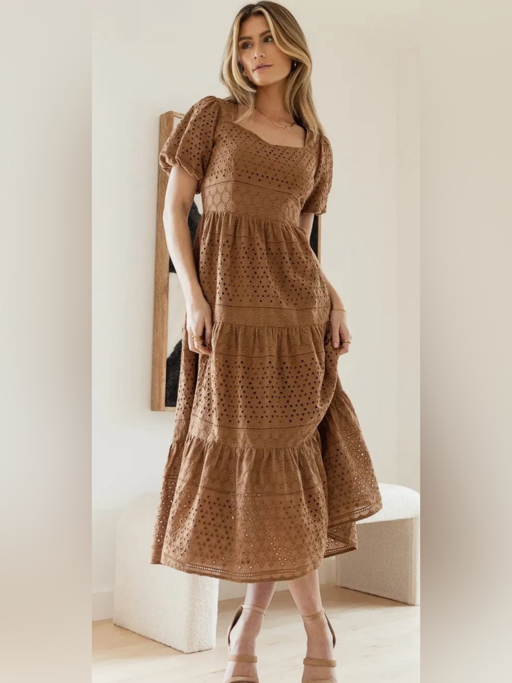 Böhme Size Large Brown Eyelet Puff Sleeve Tiered Midi Dress - EUC